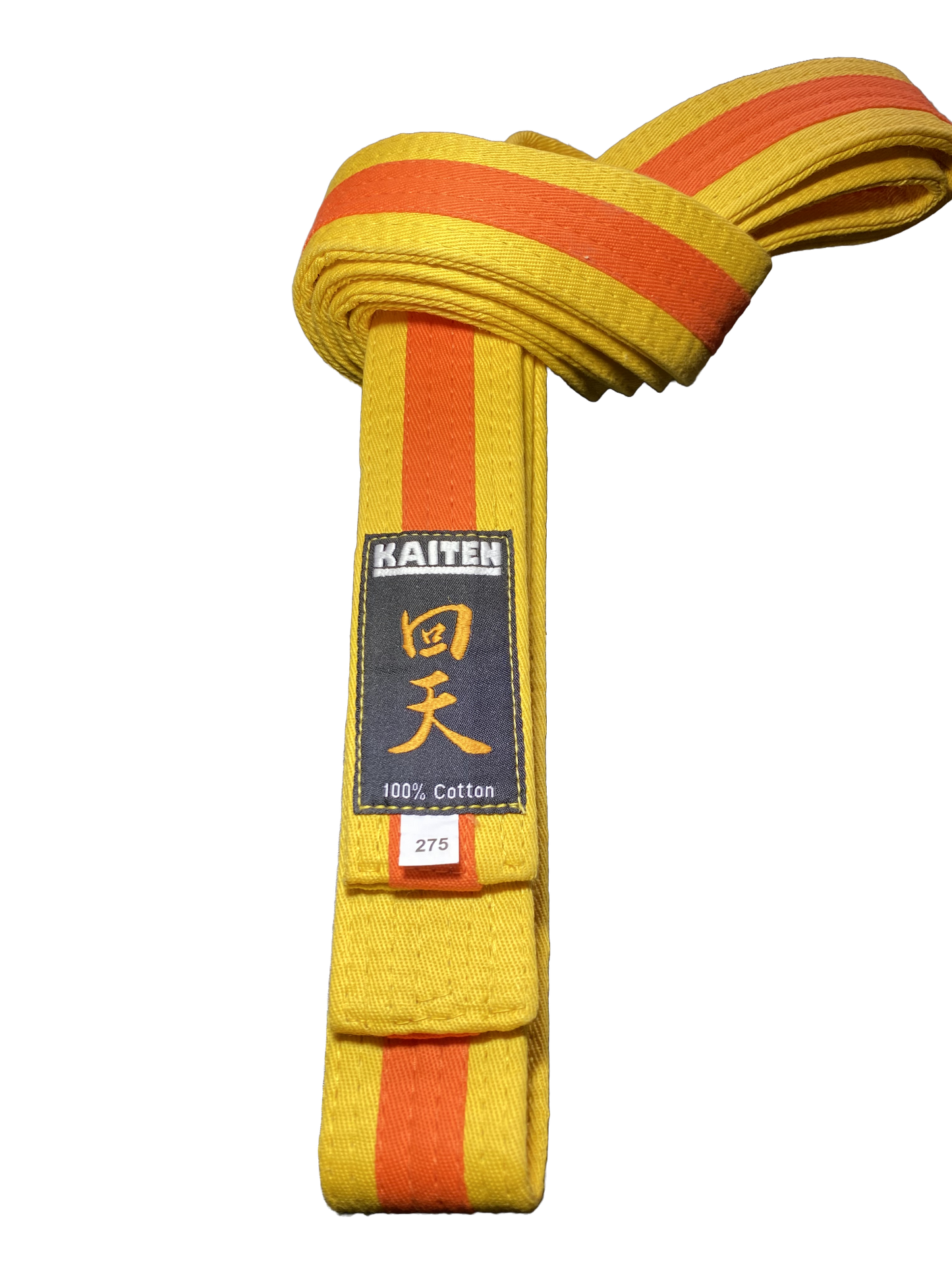 Ceinture de karaté Kaiten jaune-orange - 4 cm de large - ceinture couleur bande centrale bicolore - longueur 230 à 325 cm