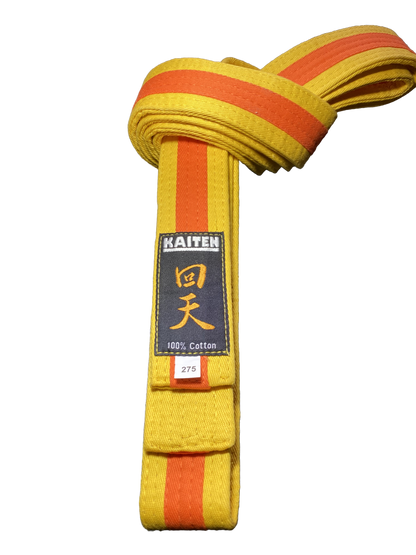 Ceinture de karaté Kaiten jaune-orange - 4 cm de large - ceinture couleur bande centrale bicolore - longueur 230 à 325 cm