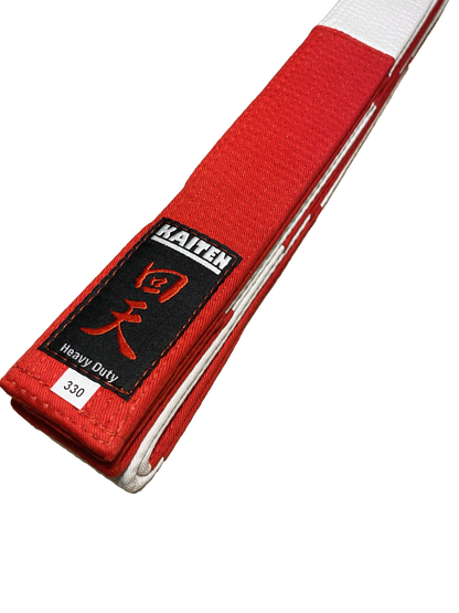 Ceinture Kaiten Karate Dan rouge et blanche, extra épaisse - 4,5 cm de large - Ceinture Grandmaster coton - longueur 275 à 350 cm