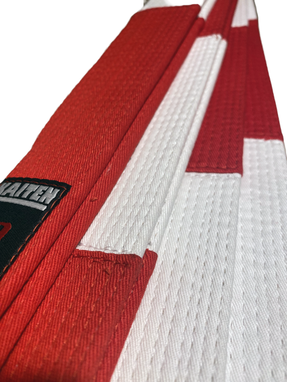 Ceinture Kaiten Karate Dan rouge et blanche, extra épaisse - 4,5 cm de large - Ceinture Grandmaster coton - longueur 275 à 350 cm