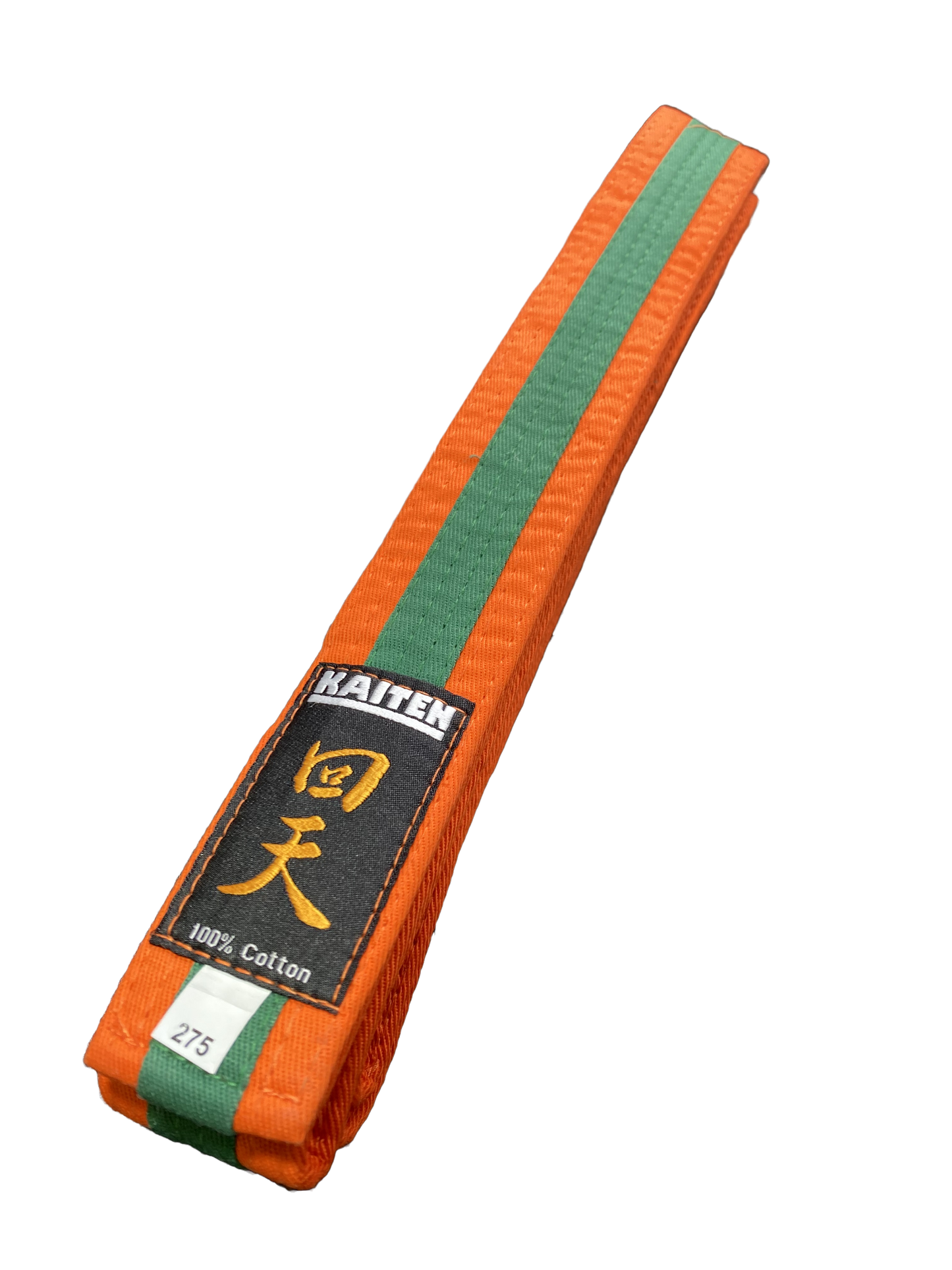 Ceinture de karaté Kaiten orange-vert - 4 cm de large - ceinture couleur bande centrale bicolore - longueur 230 à 325 cm