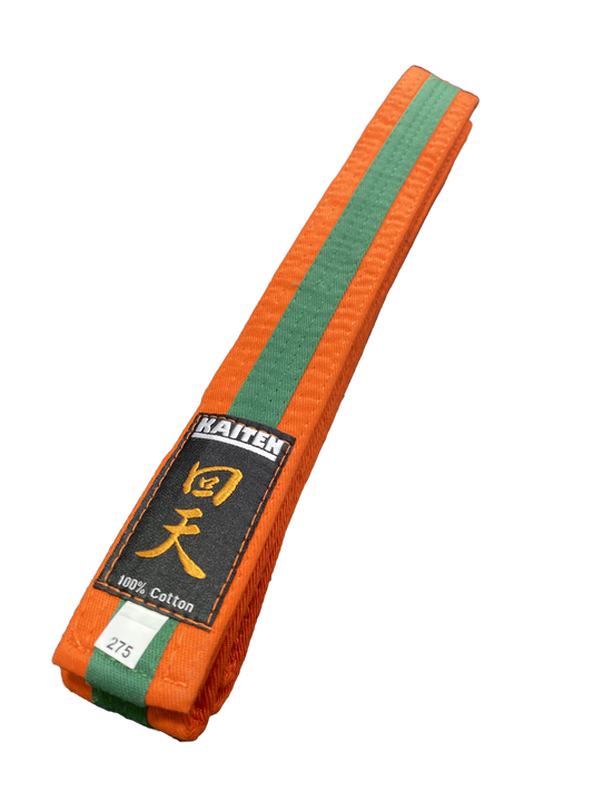 Ceinture de karaté Kaiten orange-vert - 4 cm de large - ceinture couleur bande centrale bicolore - longueur 230 à 325 cm