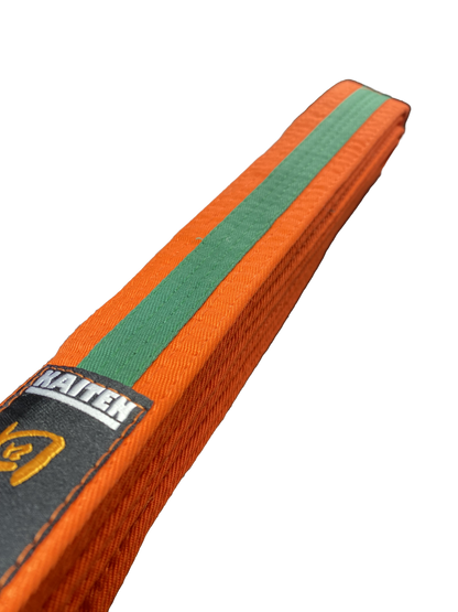 Ceinture de karaté Kaiten orange-vert - 4 cm de large - ceinture couleur bande centrale bicolore - longueur 230 à 325 cm