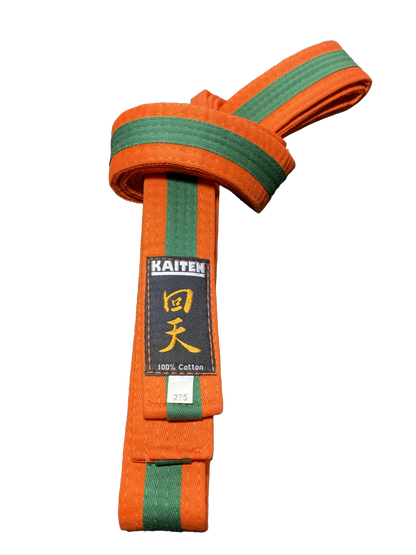 Ceinture de karaté Kaiten orange-vert - 4 cm de large - ceinture couleur bande centrale bicolore - longueur 230 à 325 cm