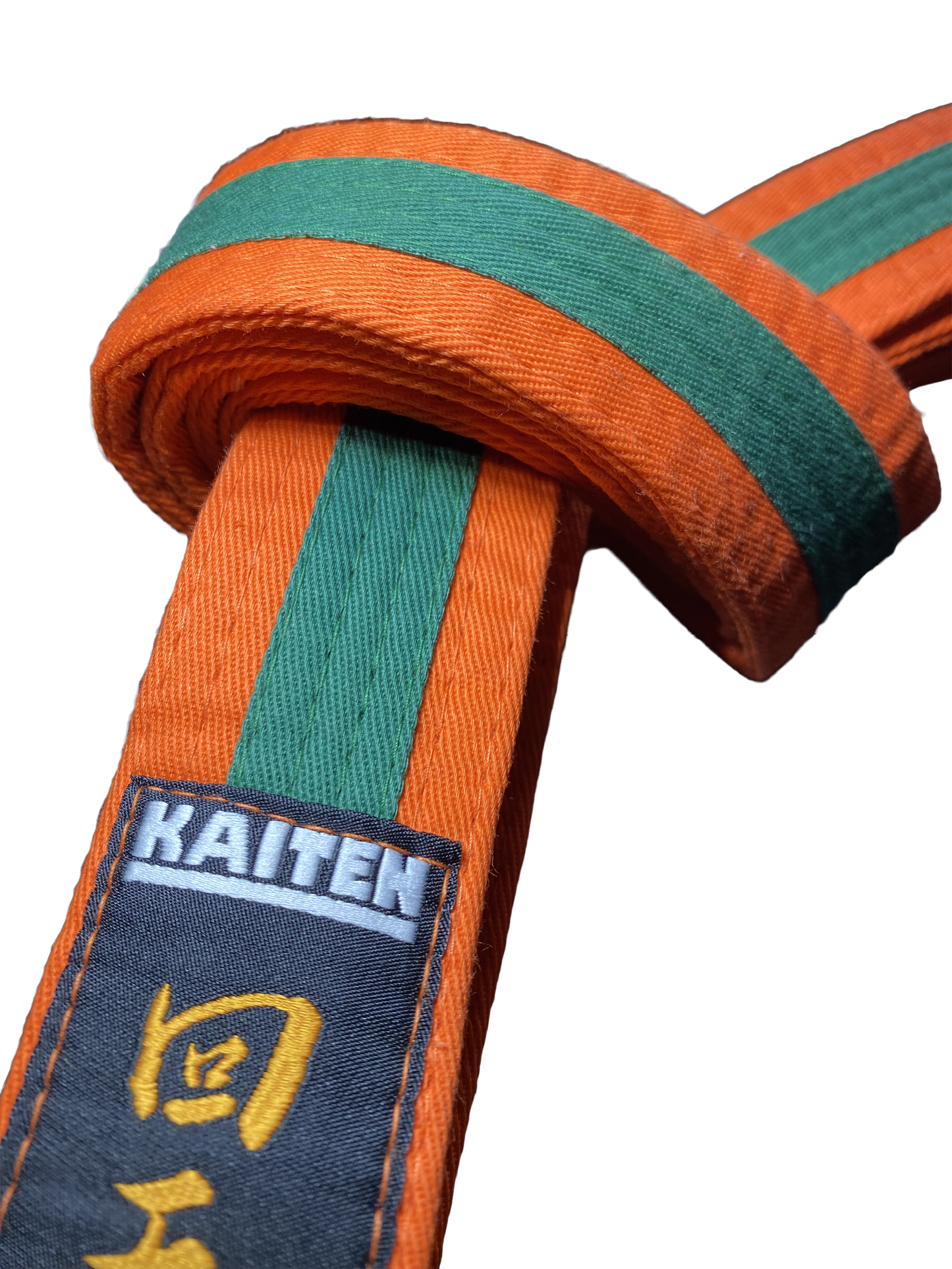Ceinture de karaté Kaiten orange-vert - 4 cm de large - ceinture couleur bande centrale bicolore - longueur 230 à 325 cm