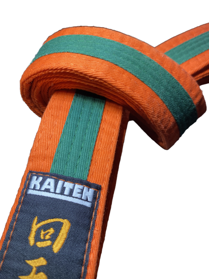 Ceinture de karaté Kaiten orange-vert - 4 cm de large - ceinture couleur bande centrale bicolore - longueur 230 à 325 cm