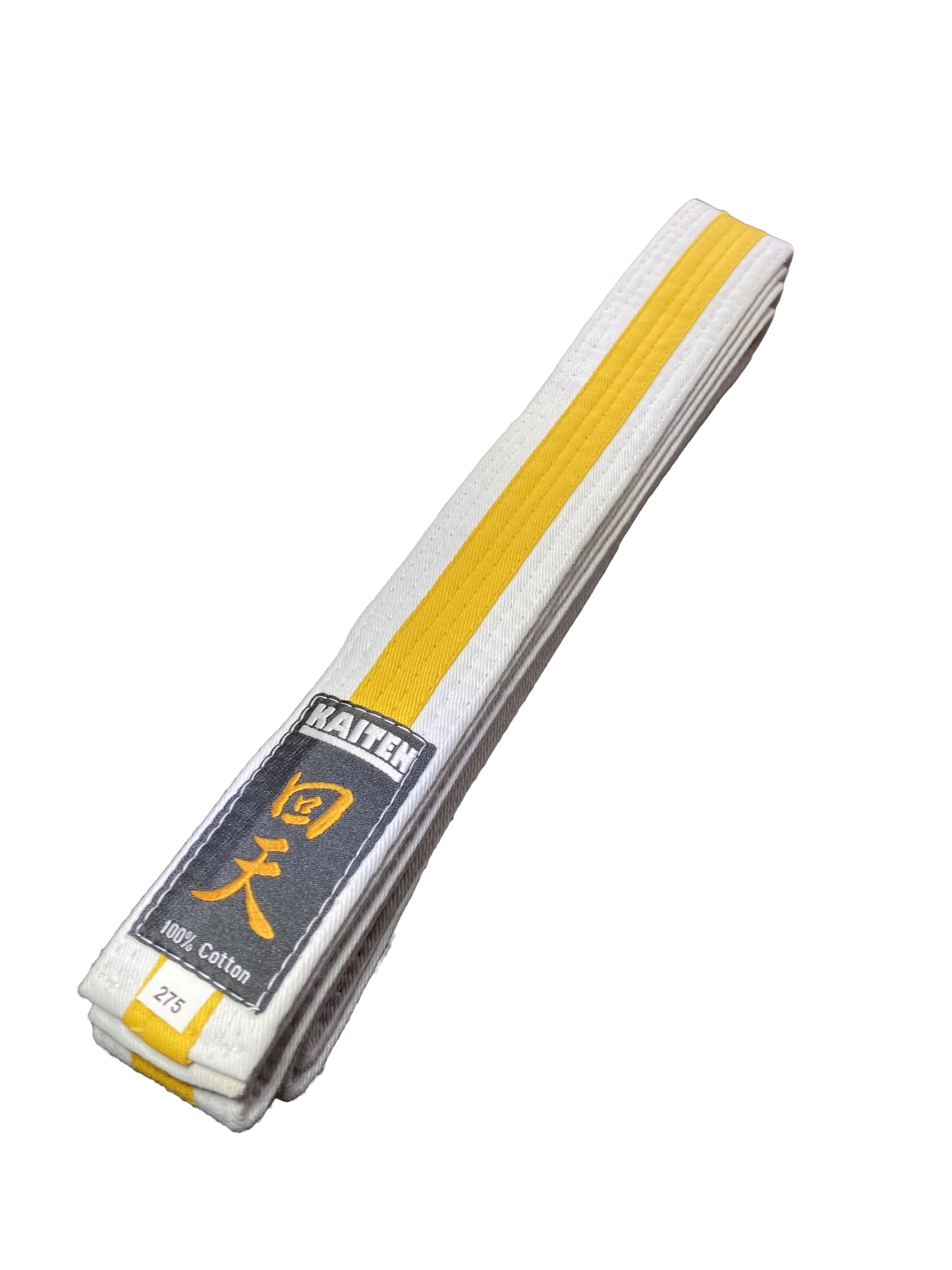 Ceinture de karaté Kaiten blanche-jaune - 4 cm de large - ceinture couleur bande centrale bicolore - longueur 230 à 325 cm