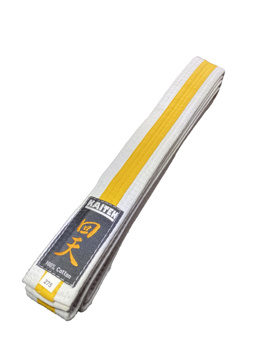 Ceinture de karaté Kaiten blanche-jaune - 4 cm de large - ceinture couleur bande centrale bicolore - longueur 230 à 325 cm