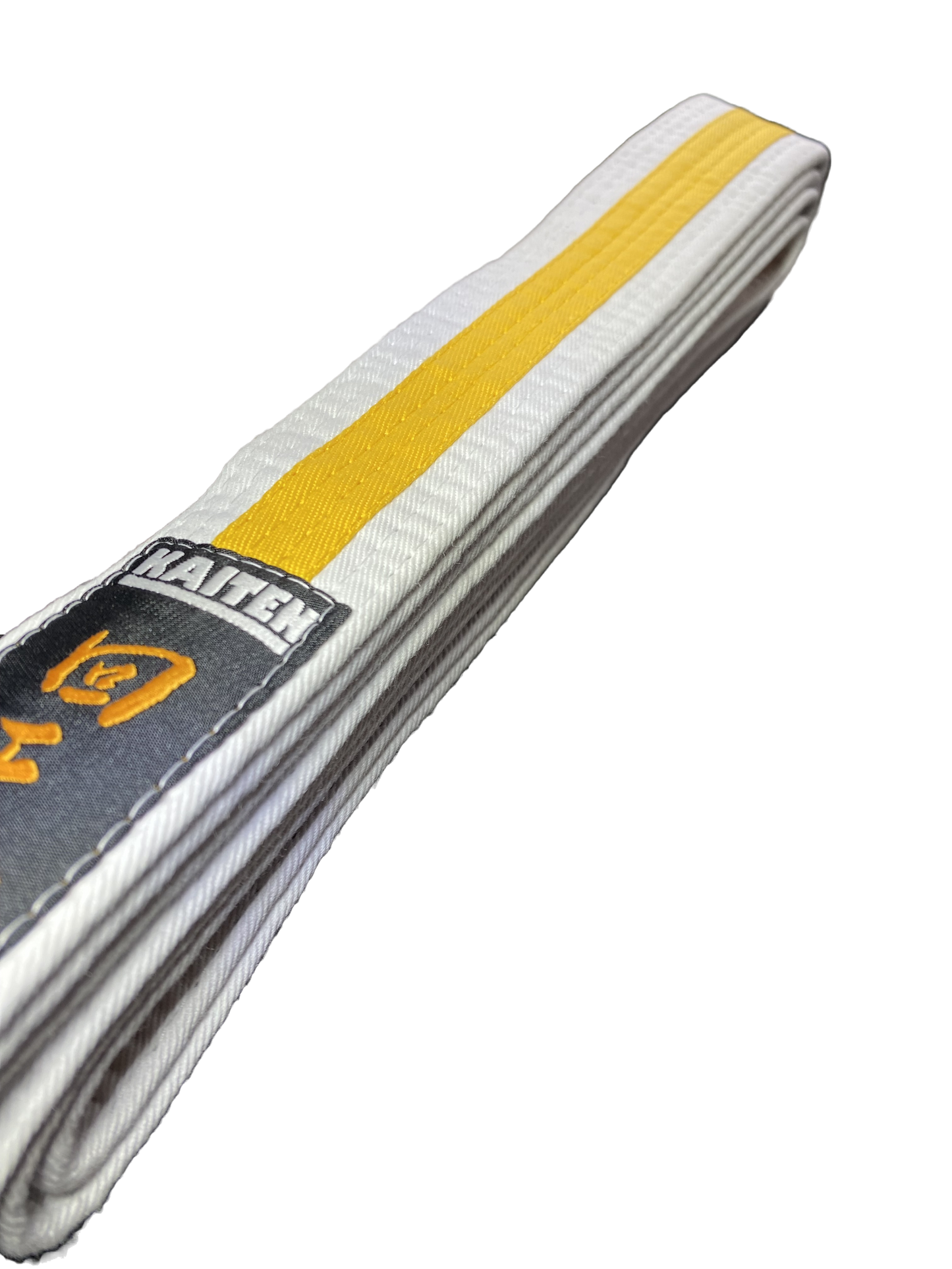 Ceinture de karaté Kaiten blanche-jaune - 4 cm de large - ceinture couleur bande centrale bicolore - longueur 230 à 325 cm