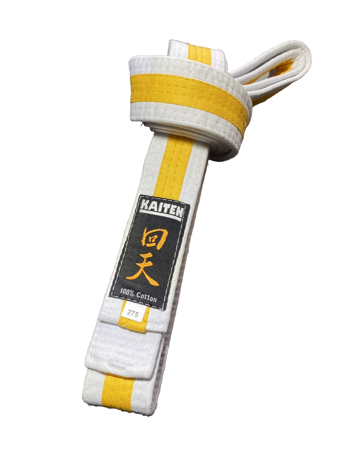 Ceinture de karaté Kaiten blanche-jaune - 4 cm de large - ceinture couleur bande centrale bicolore - longueur 230 à 325 cm