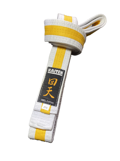 Ceinture de karaté Kaiten blanche-jaune - 4 cm de large - ceinture couleur bande centrale bicolore - longueur 230 à 325 cm