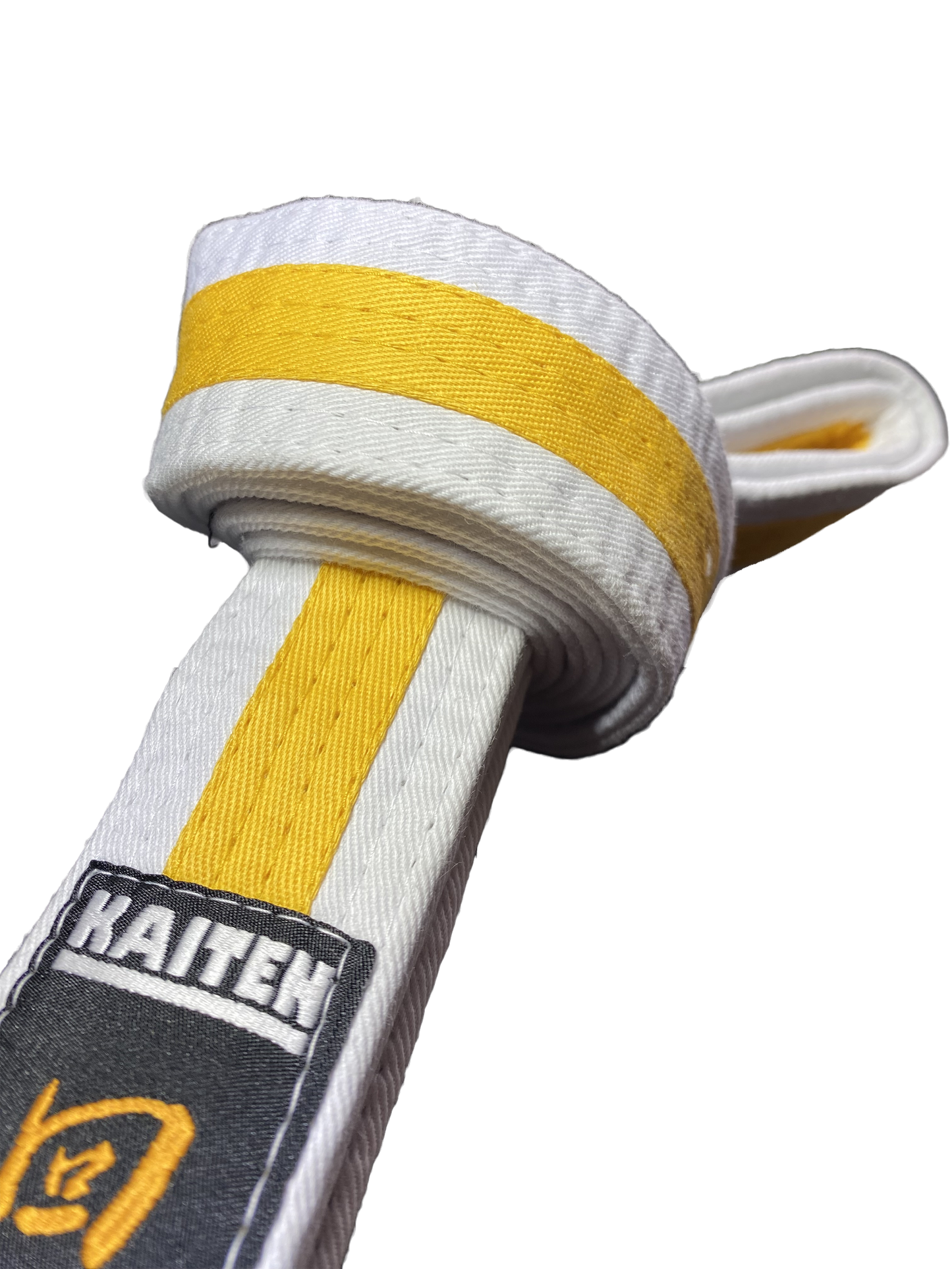 Ceinture de karaté Kaiten blanche-jaune - 4 cm de large - ceinture couleur bande centrale bicolore - longueur 230 à 325 cm