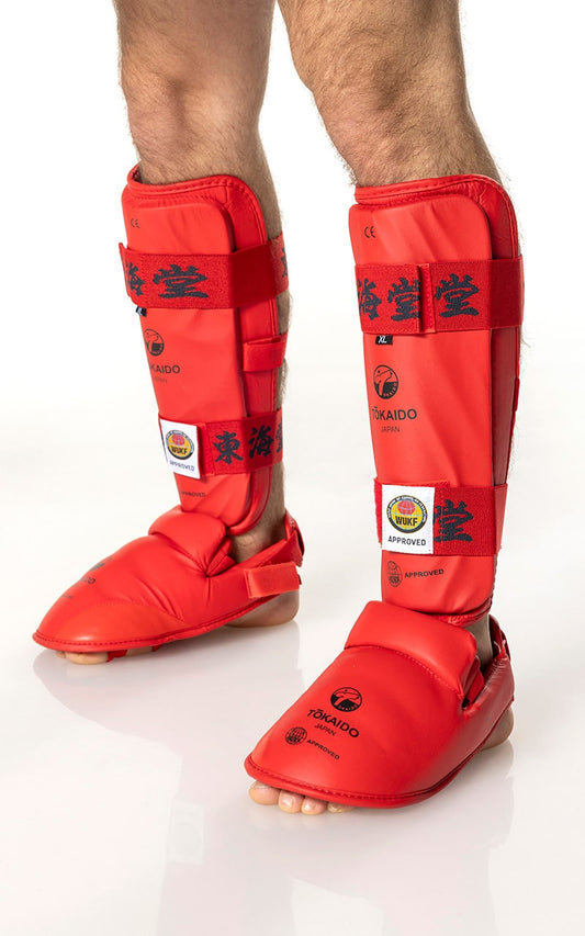 Protège-tibias/pieds de karaté, TOKAIDO Kanji, WUKF - Rouge