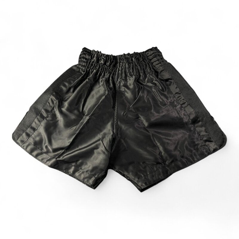 Kick-Thai-Box Shorts BLACK SHADOW Satin, komplett schwarz - Kickboxen Thaiboxen Hose kurz