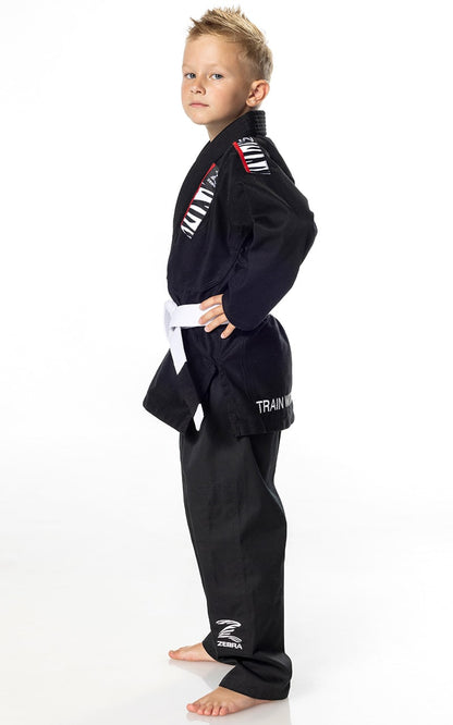 Combinaison de jiu-jitsu brésilien ZEBRA pour enfant, noire, avec veste, pantalon et ceinture blanche.