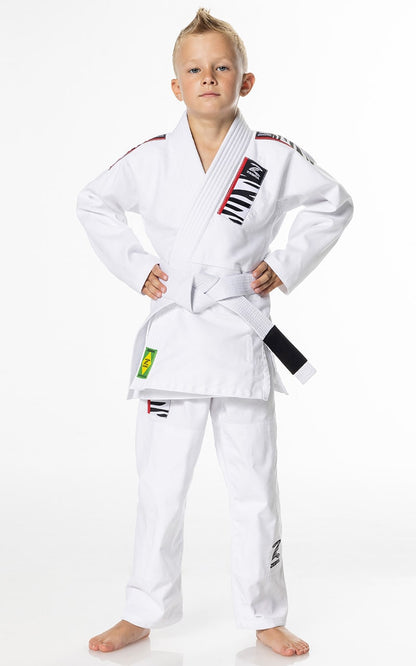 Combinaison de jiu-jitsu brésilien Zebra pour enfant, blanche, pour débutant, avec veste, pantalon et ceinture blanche