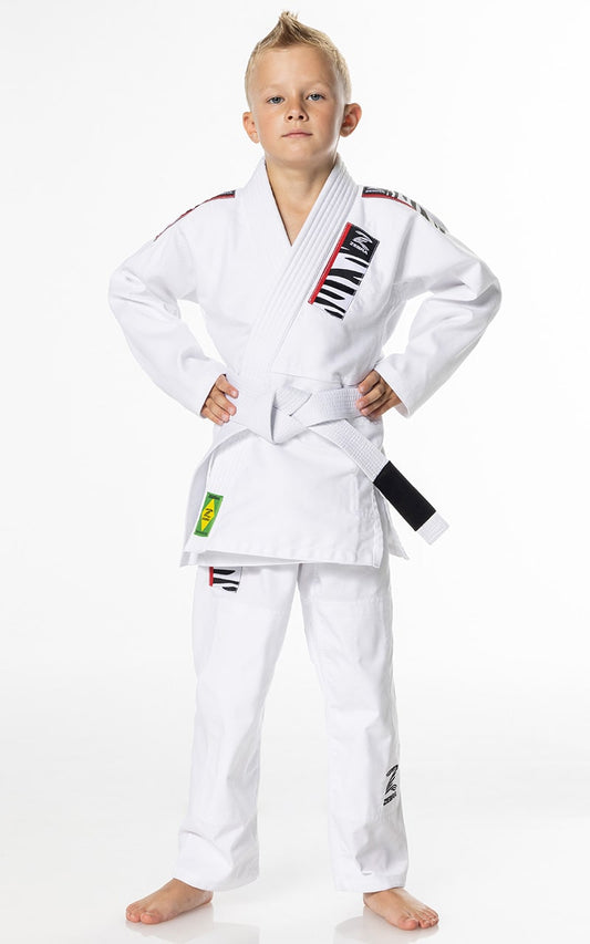 Combinaison de jiu-jitsu brésilien Zebra pour enfant, blanche, pour débutant, avec veste, pantalon et ceinture blanche