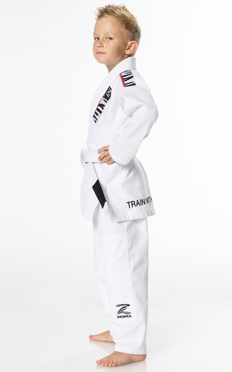 Combinaison de jiu-jitsu brésilien Zebra pour enfant, blanche, pour débutant, avec veste, pantalon et ceinture blanche