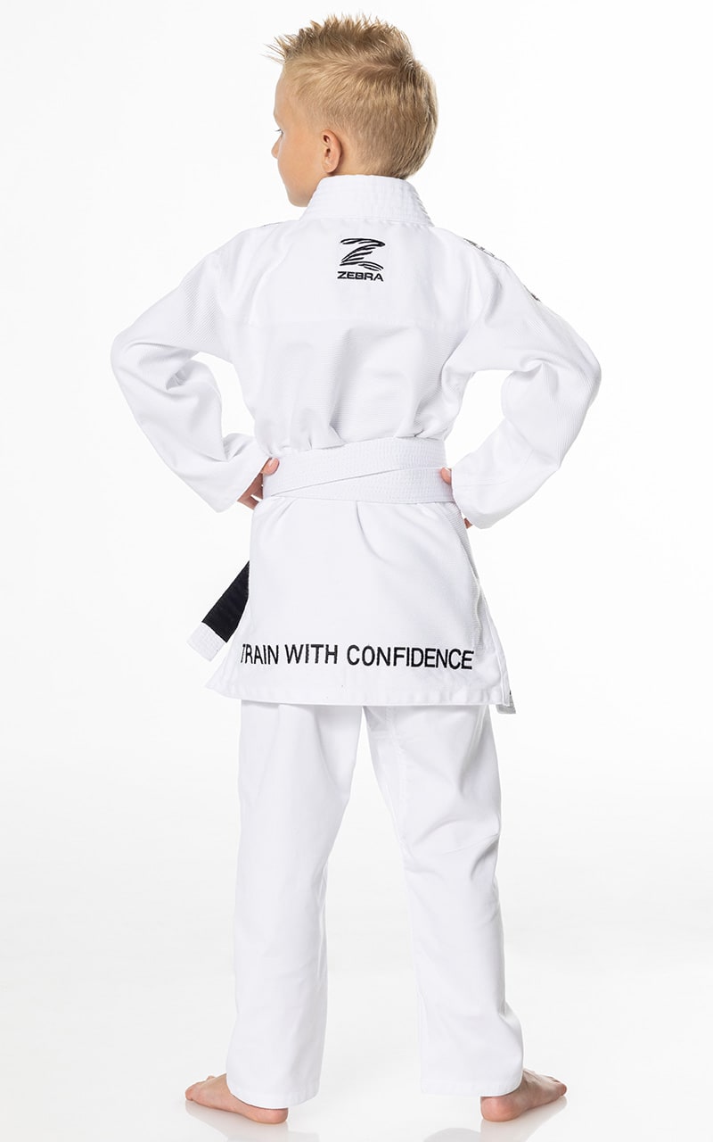 Combinaison de jiu-jitsu brésilien Zebra pour enfant, blanche, pour débutant, avec veste, pantalon et ceinture blanche