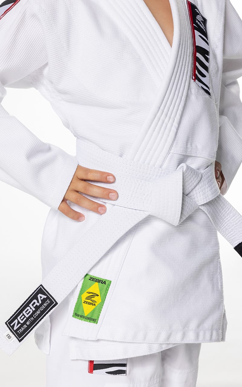 Combinaison de jiu-jitsu brésilien Zebra pour enfant, blanche, pour débutant, avec veste, pantalon et ceinture blanche
