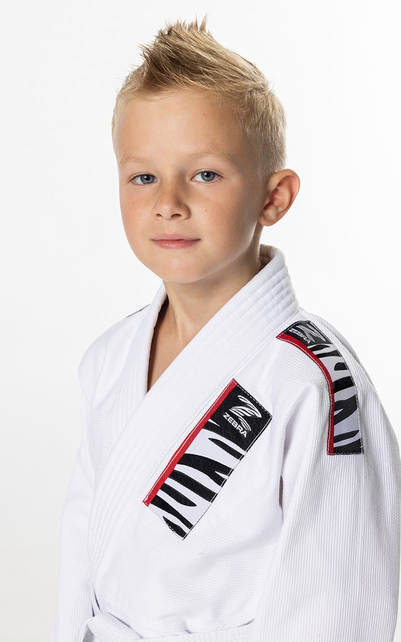 Combinaison de jiu-jitsu brésilien Zebra pour enfant, blanche, pour débutant, avec veste, pantalon et ceinture blanche