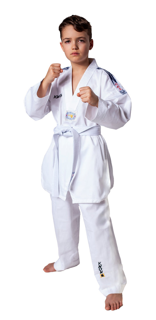 Combinaison de Taekwondo KWON (R) Tigre Bleu - Dobok pour enfant avec veste et ceinture blanche