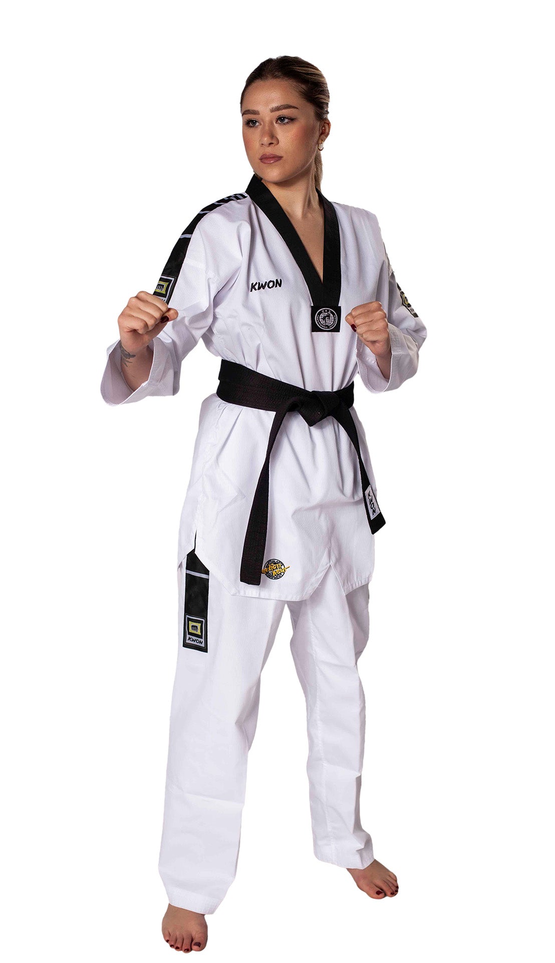 Uniforme de Taekwondo KWON (R) Grand Victory avec broderie au dos, revers noir