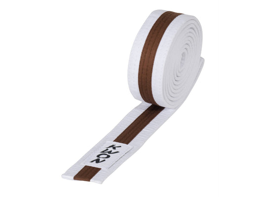 Ceinture d'arts martiaux KWON (R) Budo blanche/marron/blanche avec bande centrale
