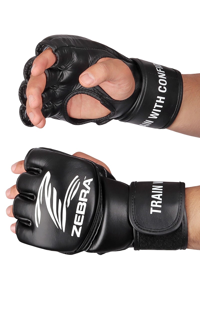 Gants MMA ZEBRA Pro Fight noirs - Fermeture velcro pré-courbée extra longue