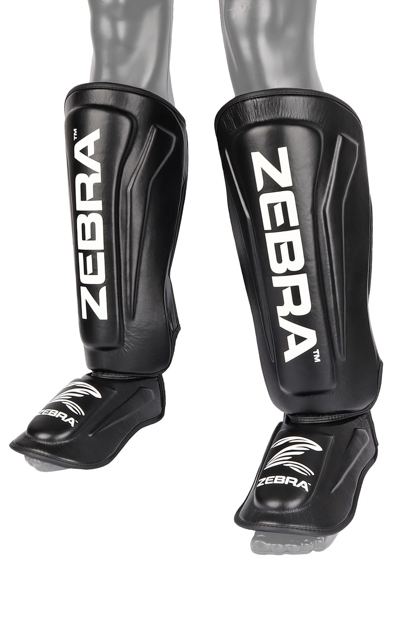 Protège-tibias et cou-de-pied ZEBRA Pro PU - Sangles Velcro pré-courbées et extra-élastiques - MMA, Kickboxing
