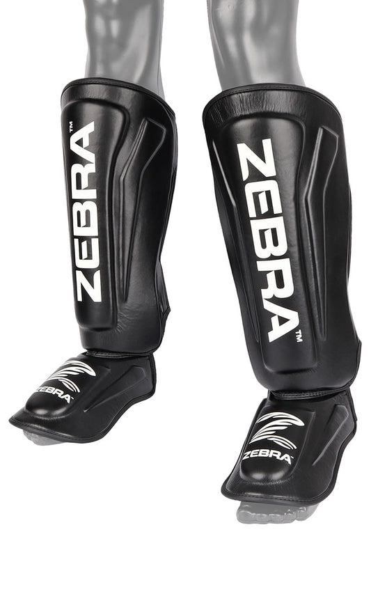 Protège-tibias et cou-de-pied ZEBRA Pro PU - Sangles Velcro pré-courbées et extra-élastiques - MMA, Kickboxing