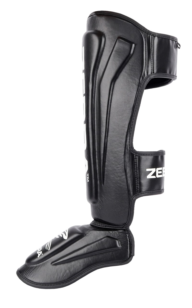Protège-tibias et cou-de-pied ZEBRA Pro PU - Sangles Velcro pré-courbées et extra-élastiques - MMA, Kickboxing