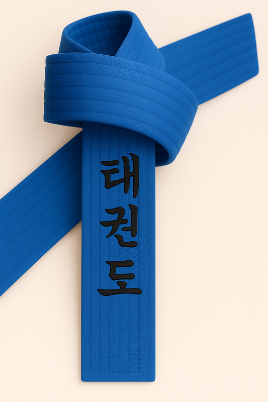 Ceinture de Taekwondo bleue brodée - Caractères coréens TKD - Ceinture bleue avec broderie Kanji