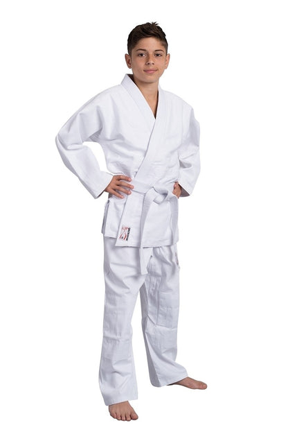 Tenue de judo TAKACHI Kyoto Gi blanche - tissage grain de riz - pantalon à ceinture élastique - ceinture blanche incluse