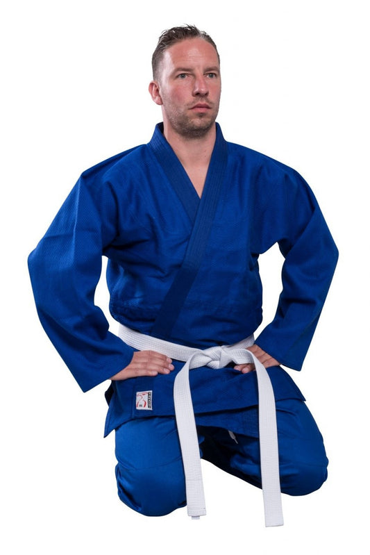 Tenue de judo TAKACHI Kyoto Gi bleu - tissage grain de riz - pantalon à ceinture élastique - ceinture blanche incluse