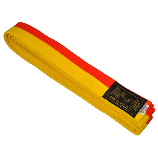 Ceinture de karaté jaune-orange moitié-moitié - bicolore - 4 cm de large - ceinture jaune-orange fendue au milieu