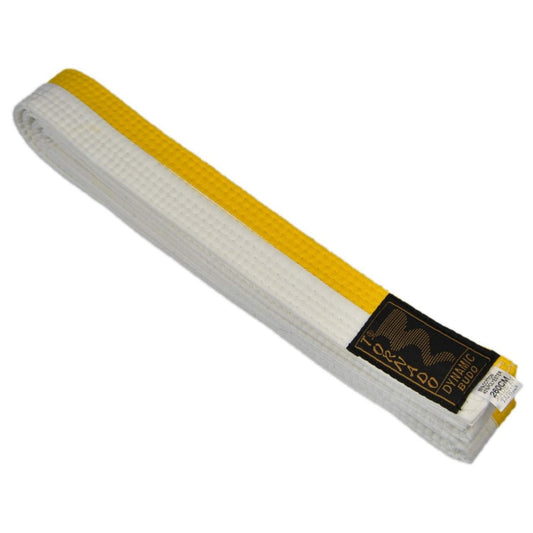 Ceinture de karaté blanche-jaune moitié-moitié - bicolore - 4 cm de large - ceinture blanche-jaune fendue au milieu