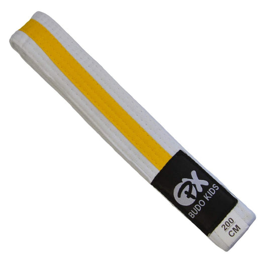 Ceinture Budo pour enfant SOFT - facile à nouer, coton doux - extra fine 3,5 cm de large, blanc-jaune